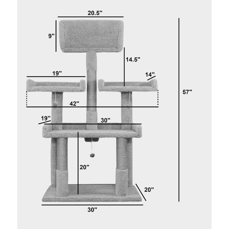 56" Extra Large Multi-Level Cat Tree with Spacious Perches, Raised Edges and Sisal Rope Posts for Big Indoor Cats