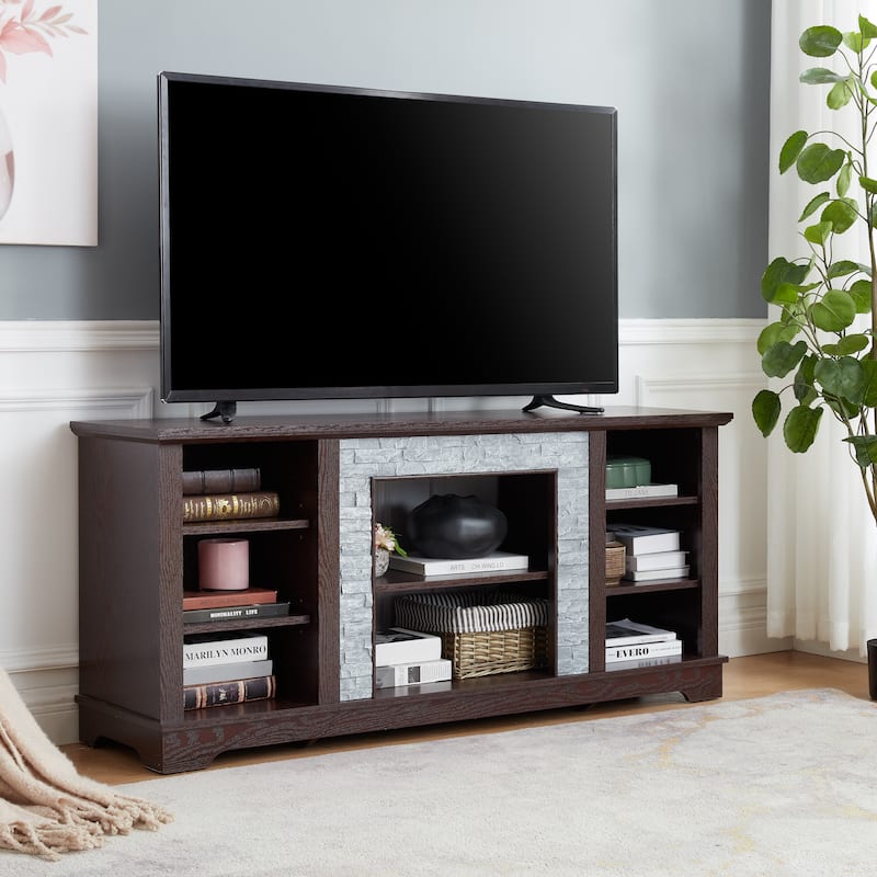 TV Media Stand with with Faux Stacked Stone Surround, Modern Entertainment Console with Open Storage Space