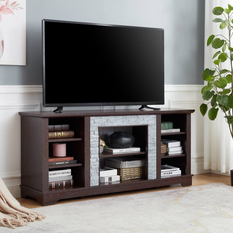 Traditional Style TV Stand with Faux Stone Accent, 6 Storage Shelf and 2 Shelf for Family Living Room