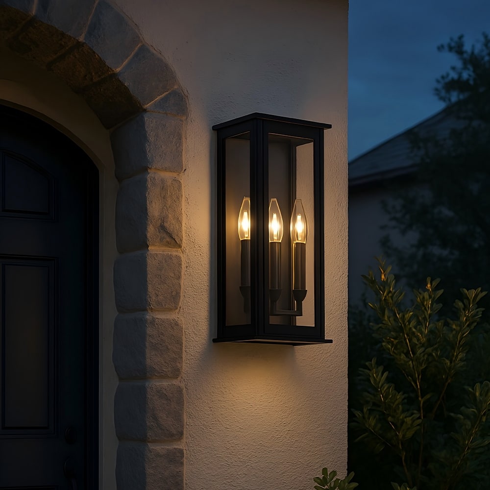 Modern Matte Black Outdoor Wall Light with Dusk-to-Dawn Sensor Simplicity Exterior Wall Sconce with Glass Shade for Porch Garden