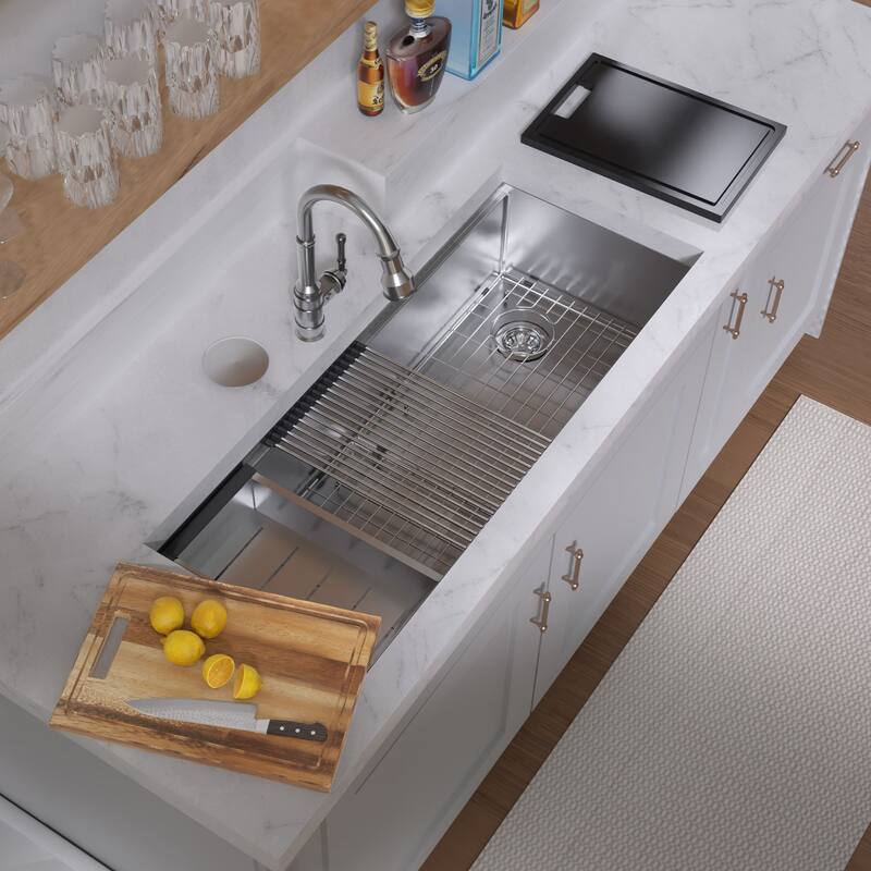 Whitehaus Undermount Single Bowl 16 Gauge Brushed Stainless Steel Workstation Sink With Accessories