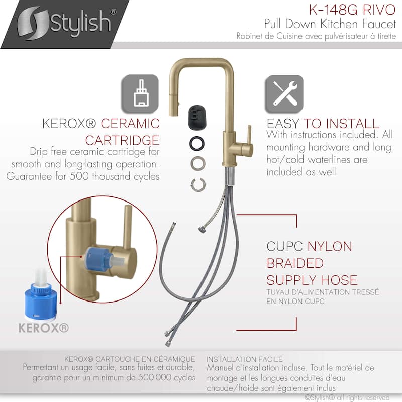 STYLISH Brushed Gold Single Handle Pull Down Kitchen Faucet with Cold Water Tap