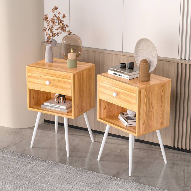 VECELO Nightstand Set of 2 Mid Century 1-Drawer Nightstand with Enclosed Open Shelf Multi-Color Options for Bedroom Living room