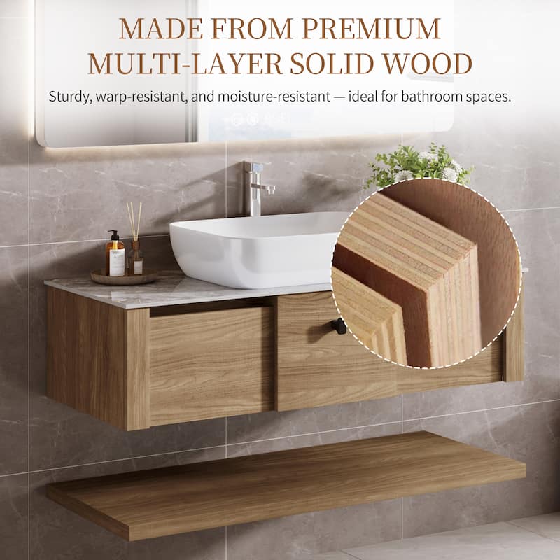 48"Mid Century Modern Wall-Mounted Bathroom Vanities,Single Sink,Brown Wood Texture with Sintered Stone Table top