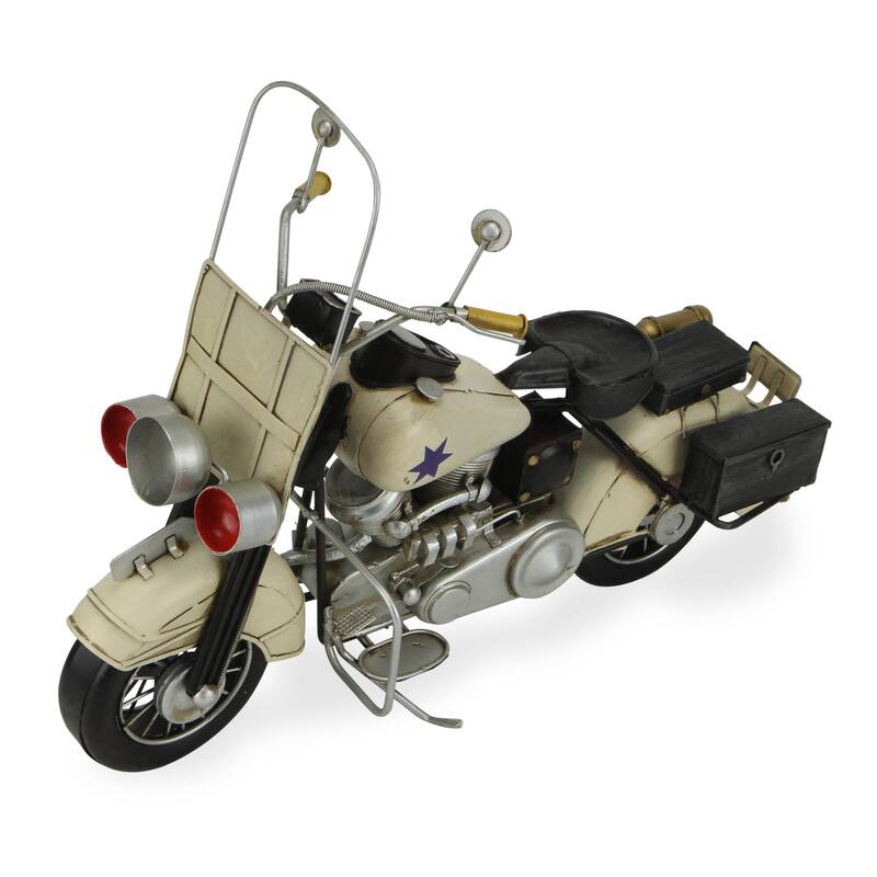 HomeRoots 10" Cream Metal Hand Painted Early 1900's Police Motorcycle Model Model Motorcycle - 16.5' X '9.5' X '5.5