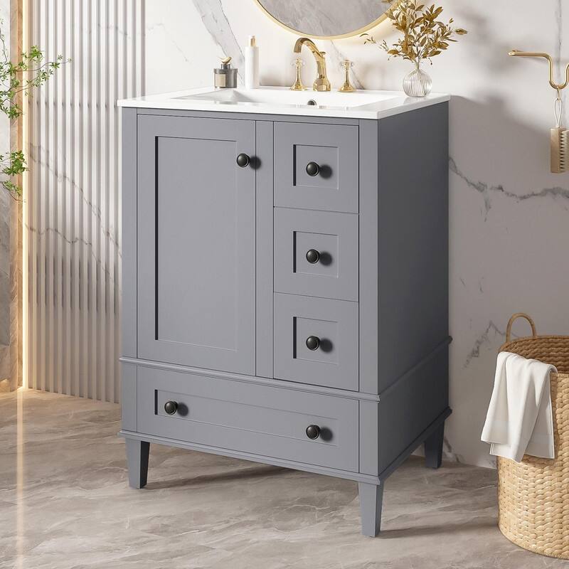 24" Bathroom Vanity with Ceramic Sink, Soft-Close Drawers, Soft-Close Door & Door-Mounted Shelf