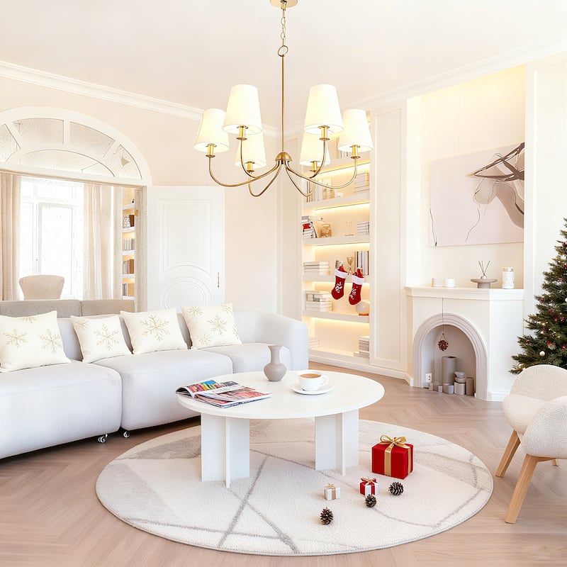 Mid-Century Modern Gold 6-Light Wheel Chandelier with Fabric Shade for Dining Room - 27" D x 24.5" H