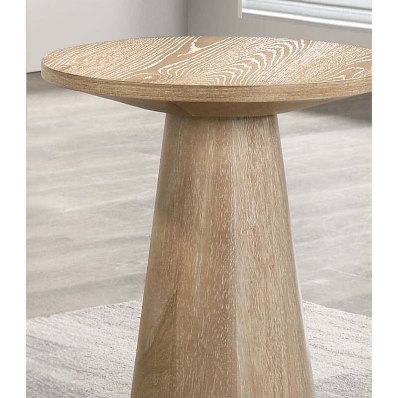 Unique Cone Base Pedestal Round End Table Contemporary Style Rubberwood Structure Oak Finish