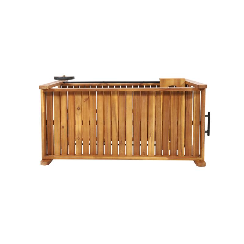 Roomfitters Outdoor Wooden Rolling Bar Cart with Wine Glass Holders and Storage Shelves, Natural Wood