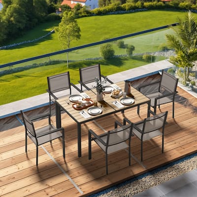 All-Weather Outdoor Dining Set with Table & Stackable Textilene Chairs, Durable WPC Tabletop & Rust-Resistant Frame for Patio