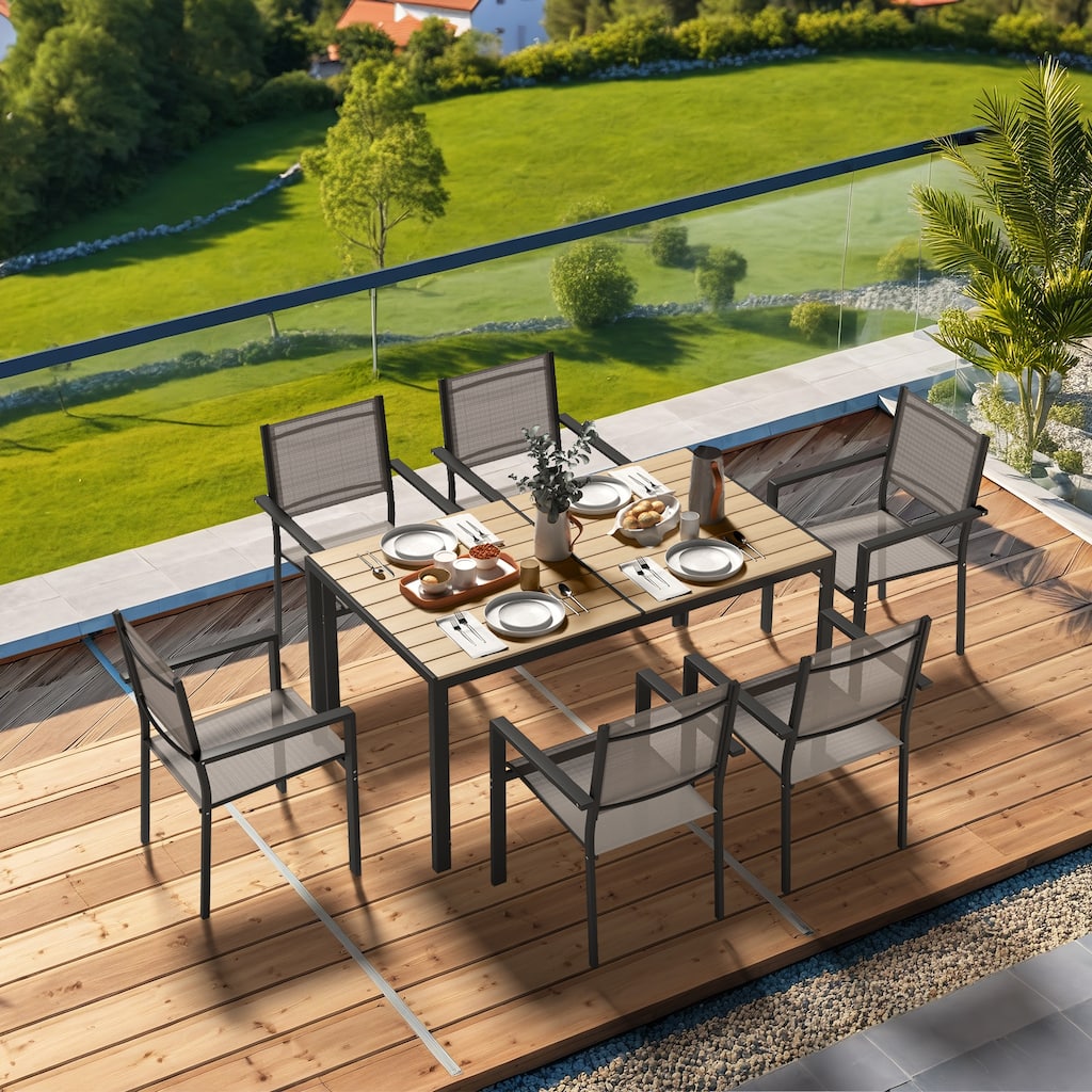Outdoor Dining Set with Table & Stackable Textilene Chairs, 5-Piece Durable WPC Tabletop & Rust-Resistant Frame for Patio