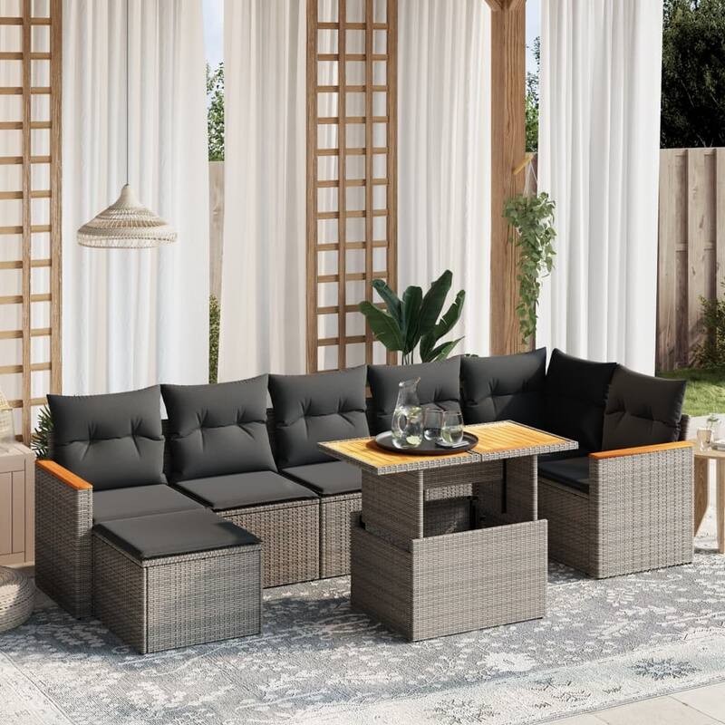 vidaXL Patio Sofa Set with Cushions Table and Stool 8 Piece Poly Rattan Acacia - 21.7 x 39.4 x 28.7 in - Grey