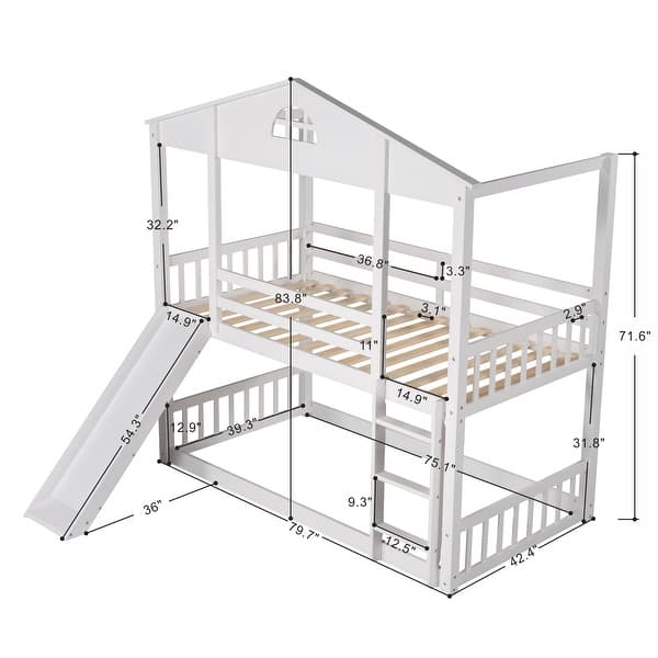 White Twin Size Pinewood Playhouse Bunk Bed with Convertible Slide and Ladder, Converts into 2 Beds