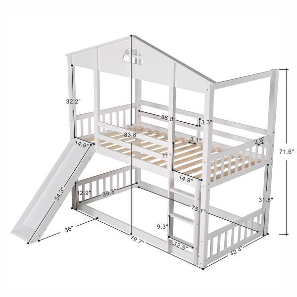 White Twin over Twin House Bunk Bed with Convertible Slide and Ladder, Converts into 2 Separate Platform Beds