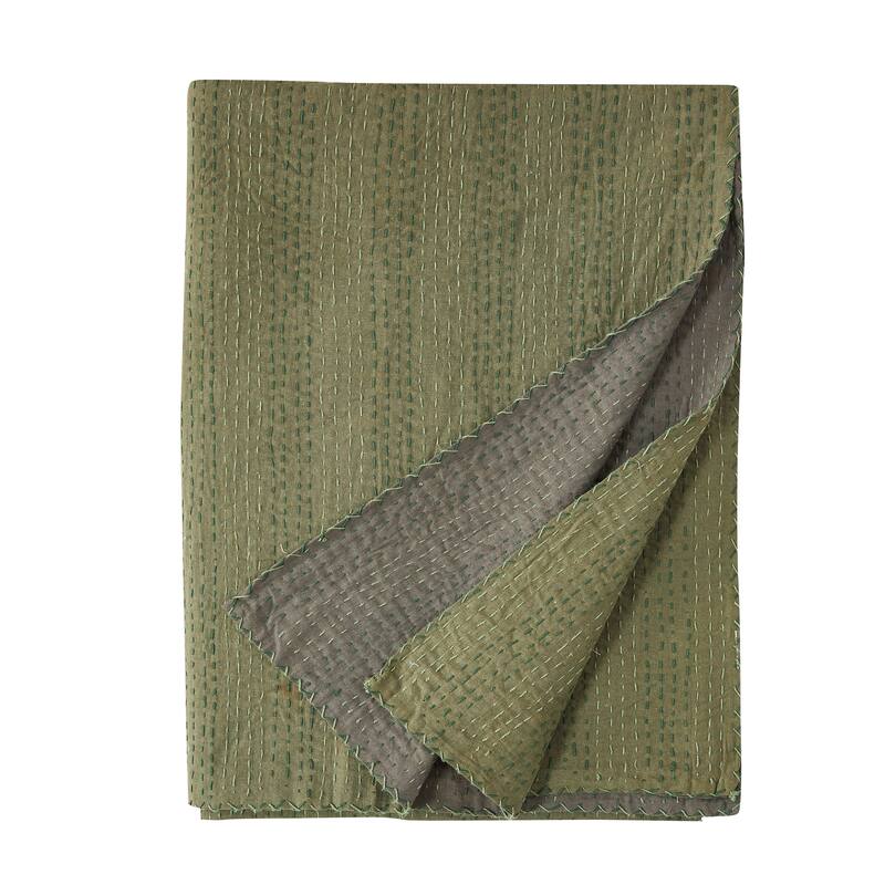 Melange Hand Craft Kantha Collection Soild Reversible Coverlet and Sham - Green Throw - Twin - 1 Piece