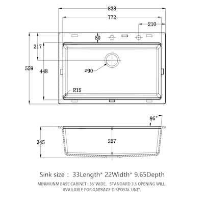 33" x 22" Drop-In Single Bowl Kitchen Sink with Grid, Roll-Up Rack & Bamboo Cutting Board, White Composite Granite