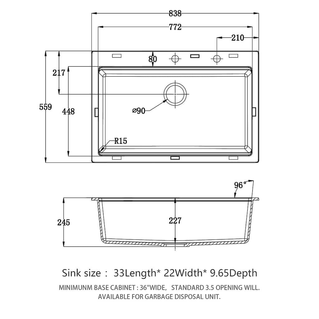 33" x 22" Drop-In Single Bowl Kitchen Sink with Grid, Roll-Up Rack & Bamboo Cutting Board, White Composite Granite