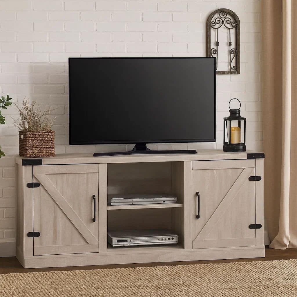 Olv 58 Inch TV Media Center Console, Barn Sliding Cabinet Doors, Light Gray