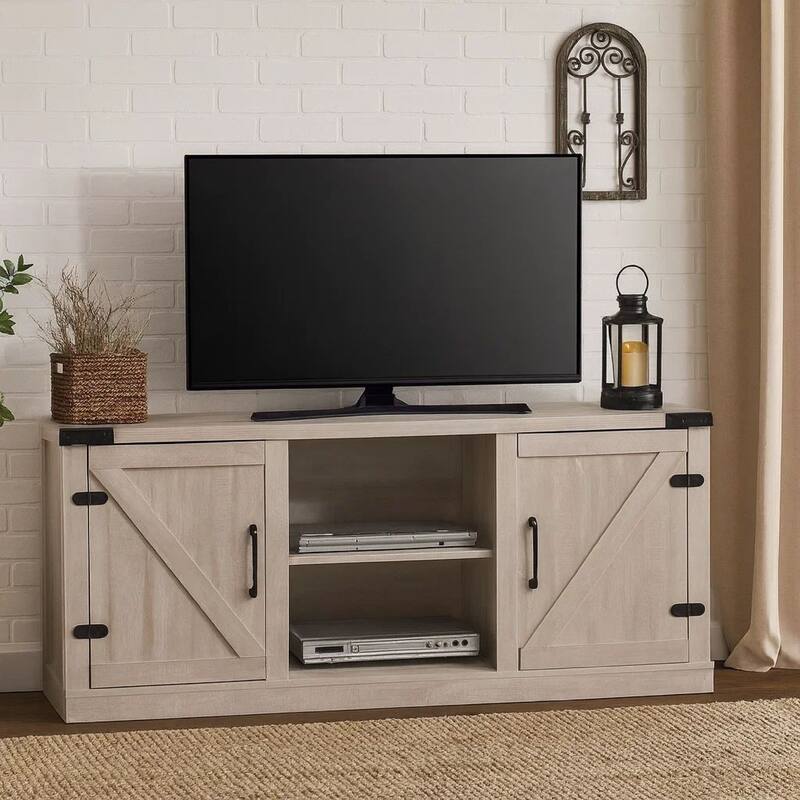 Olv 58 Inch TV Media Center Console, Barn Sliding Cabinet Doors, Light Gray