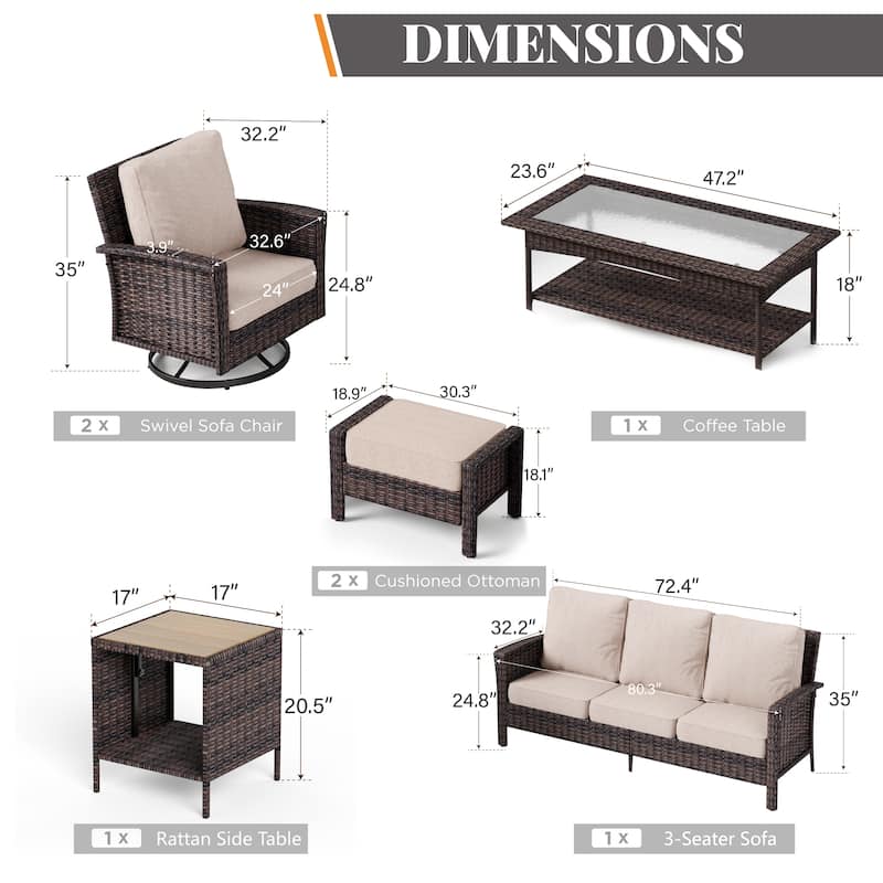 MAISON ARTS 7-Piece Extra-Large Patio Wicker Sofa Conversation Set with Table, Oversize Seat with 5.5'' Thick Padded Cushion