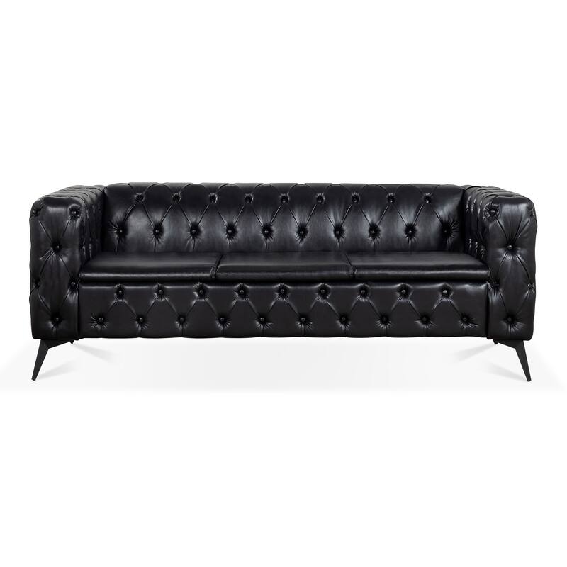 84.06" PU Traditional Square Arm 3-Seater Sofa with Removable Cushions, Pocket Spring Seat, and Iron Sled Base