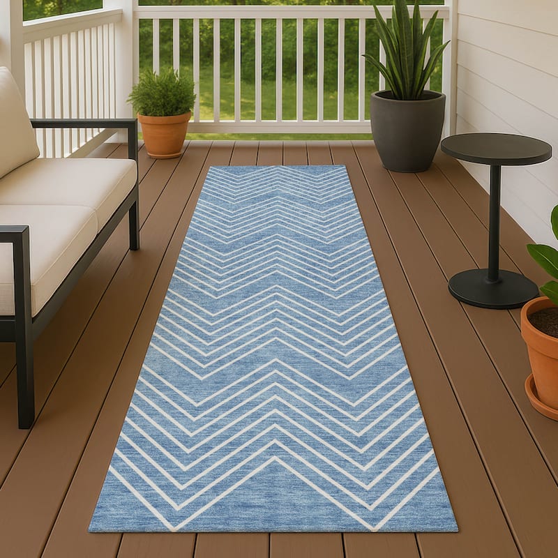 Machine Washable Indoor/ Outdoor Modern Chevron Chantille Rug - Blue - 2'3" x 7'6"