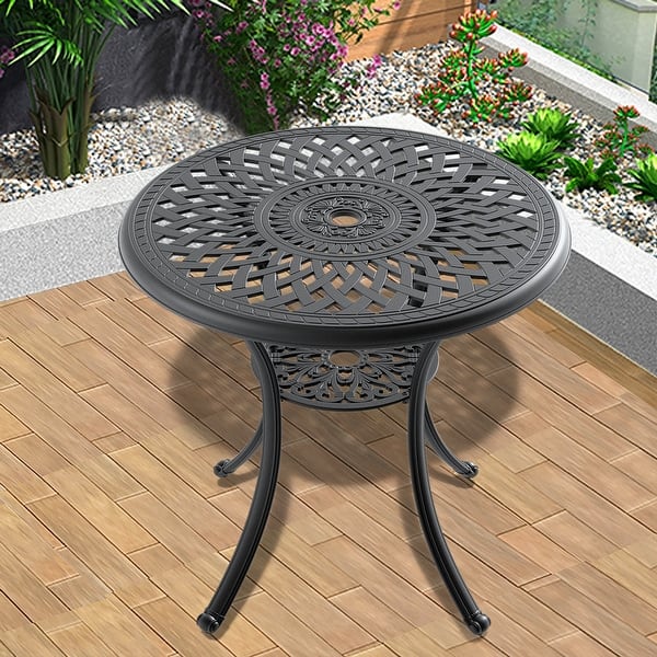slide 2 of 6, GDFStudio- Celia 31-Inch Round Cast Aluminum Outdoor Dining Table with Umbrella Hole Black