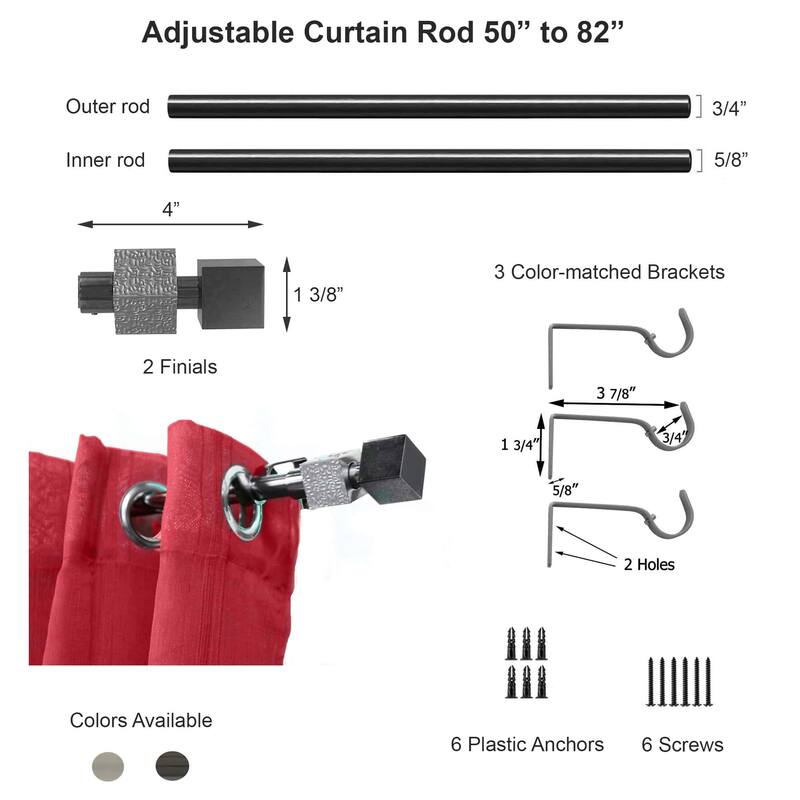 Adjustable Single Curtain Rod 50"-82" with Textured Square Finials and Brackets - 50" to 82" L x 3/4" D