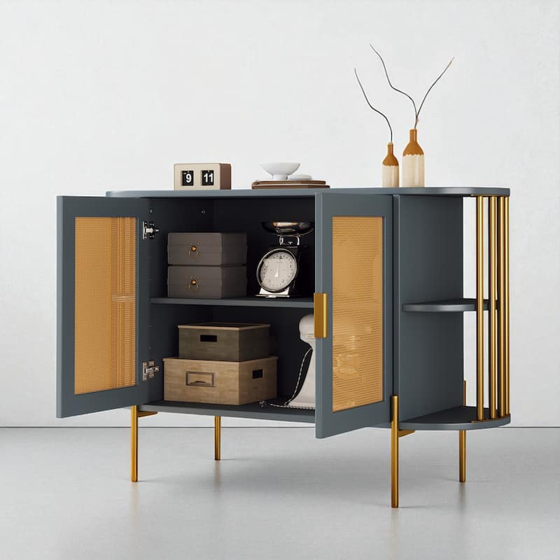 Elegant 2-Door Side Cabinet with Gold Trim and Woven Rattan Doors, Adjustable Shelves - 47.2"
