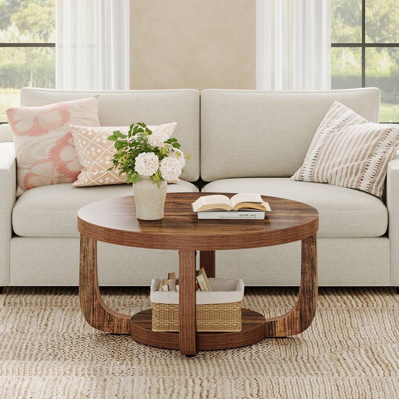 2-Tier Round Coffee Table, Wooden Accent Center Table for Living Room, Brown - Large
