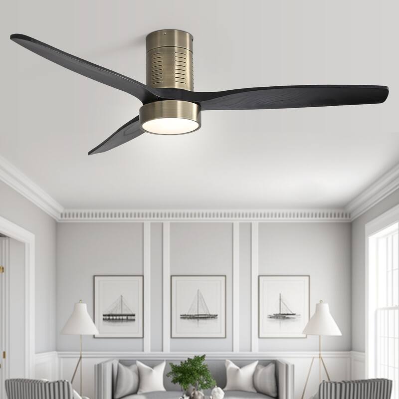 52" Flush Mount Wood Ceiling Fan with Dimmable LED Light and Remote Control - Gold with Black Blades(Light Kit Included)