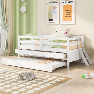 White Twin Size Solid Wood Low Loft Bed with Full Safety Fence, Climbing ladder, Storage Drawers and Trundle