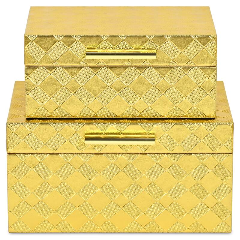 Diamond Checkered Rectangular Nesting Boxes - 10.25" - Gold - Set of 2