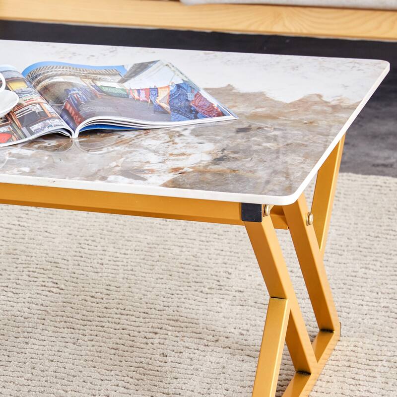 47" Modern Rectangular Coffee Table with Sintered Stone Tabletop and X-shaped Metal Legs