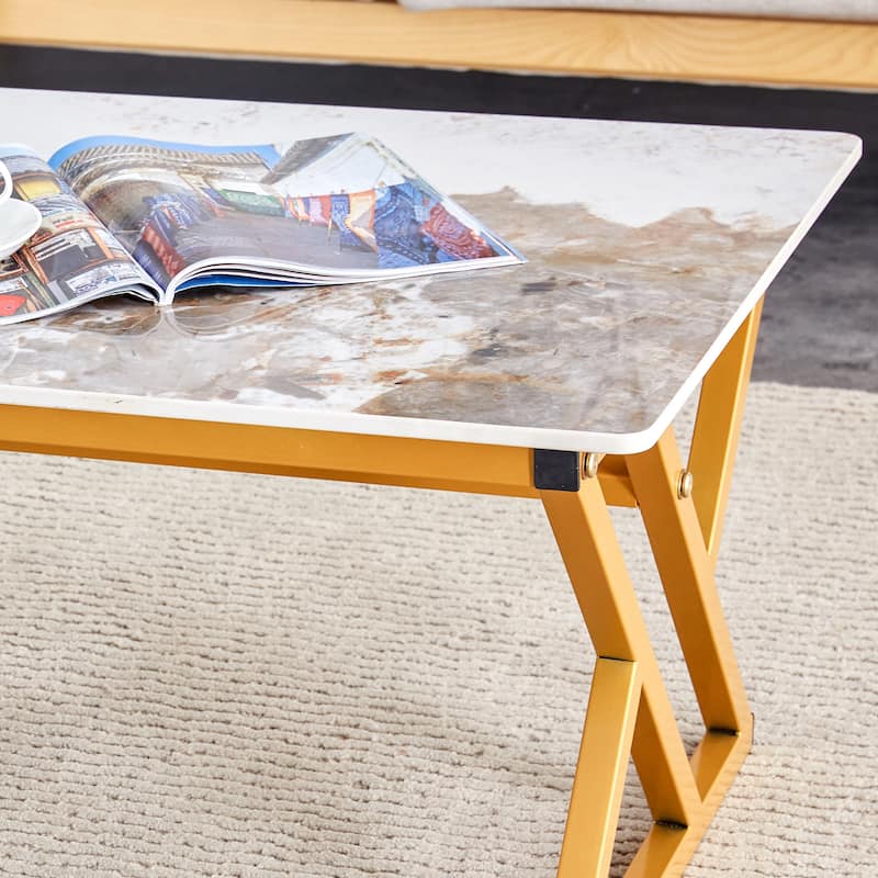 Roomfitters Rock Slab Coffee Table with Gold Metal Legs, Smooth Marble Surface for Modern Living Spaces