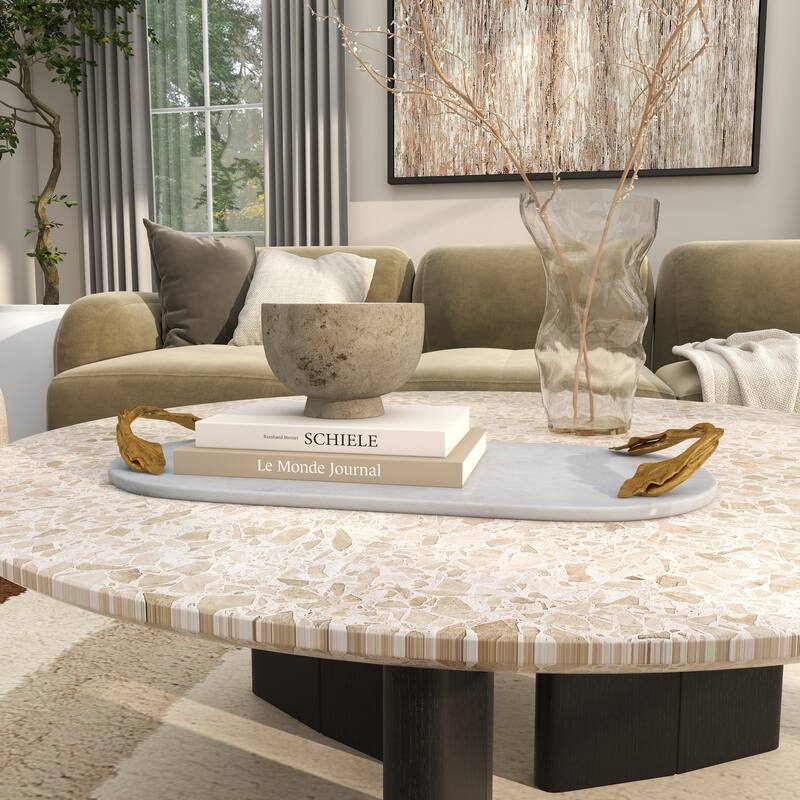 White Marble Oval or Rectangular Tray with Gold Twisted Leaf Handles