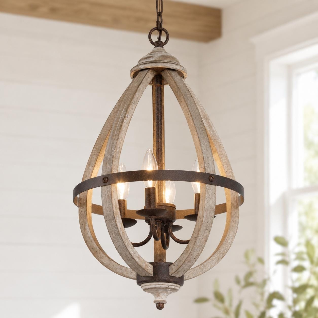 Clovy Farmhouse 4-Light Wood Lantern Chandelier for Kitchen Island Foyer Stairwell