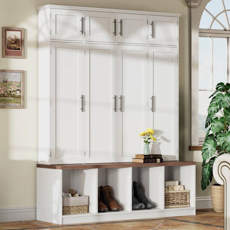 Farmhouse Hall Tree with 4 Hidden Hanging Hooks,Versatile Seating Bench with 8 Doors,Entryway Shoe Cabinet with Open Compartment - White