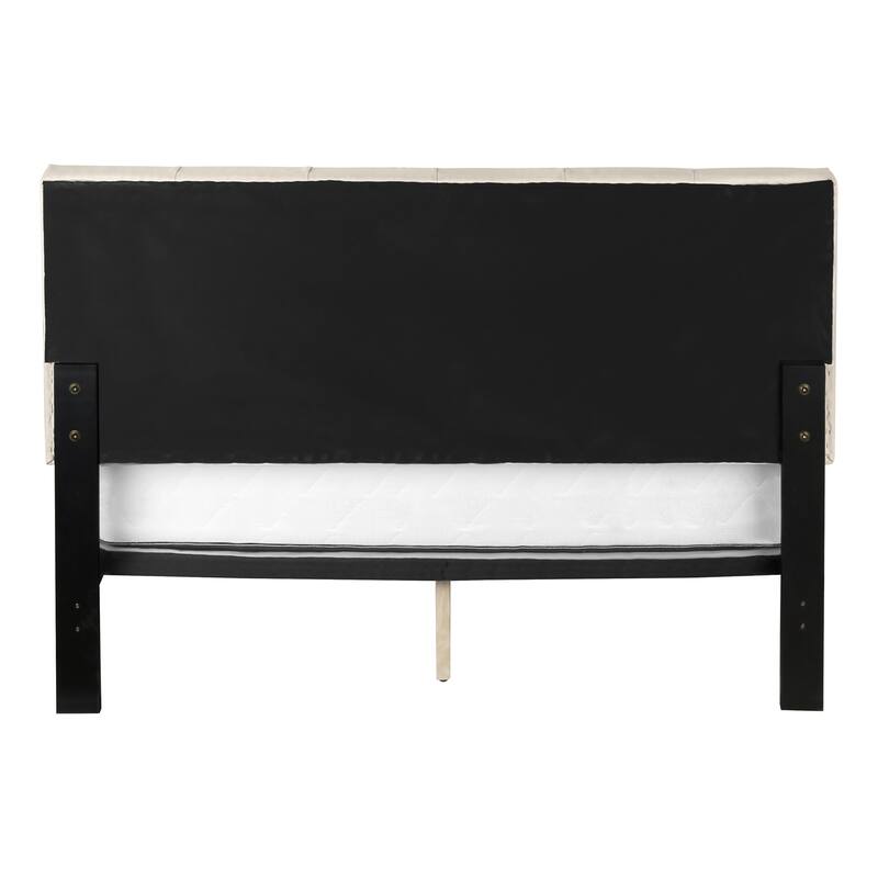 Queen Size Linen-Look Upholstered Platform Bed with Tufted Headboard and Wooden Legs