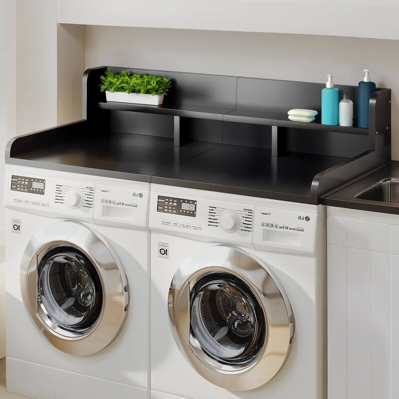 2-Tier Washer Dryer Countertop, 54" W x 27.5" D Laundry Countertop for Folding Clothes, Dual Storage & Edge Guard