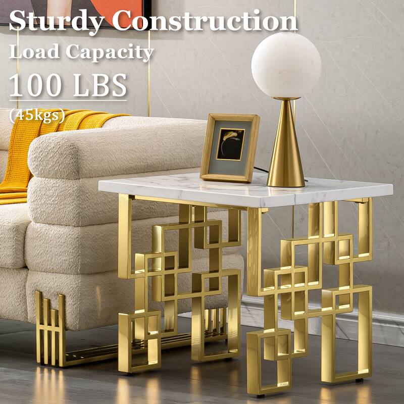 Modern End Table 23 inch Square Living Room Side Table with High Gloss Top and Mirrored Metal Geometric Base