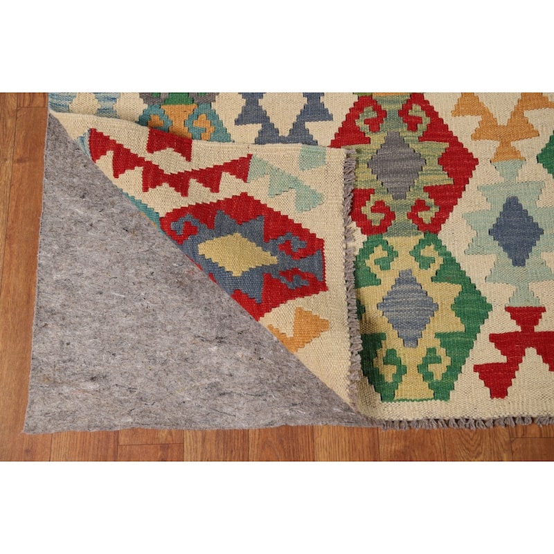 Geometric Beige Kilim Oriental Area Rug Flatweave Wool Carpet - 8'5" x 10'3"