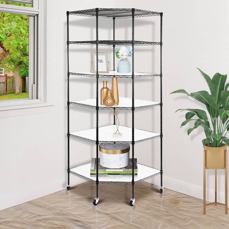 6-Tier Wire Shelving Rack Corner Unit Storage Adjustable Shelf Black
