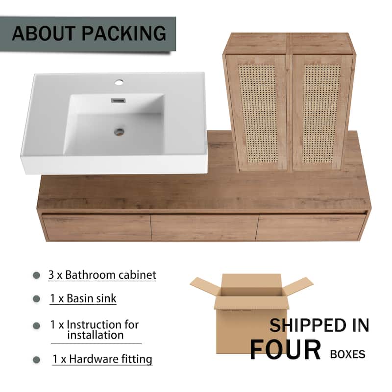 60 inch Wall-Mounted Bathroom Vanity with Resin Sink and 2-Side Cabinet, 3-Soft Close Drawer, Float Mounting Design
