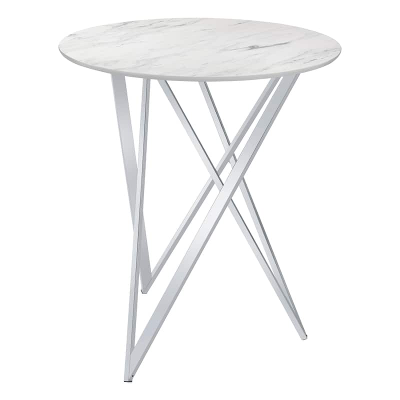 Halverson White and Chrome Faux Marble Round Top Bar Table