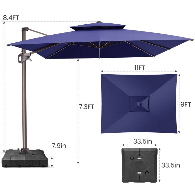 11 × 9 ft Outdoor Patio Cantilever Offset Dual Top Umbrella with Base