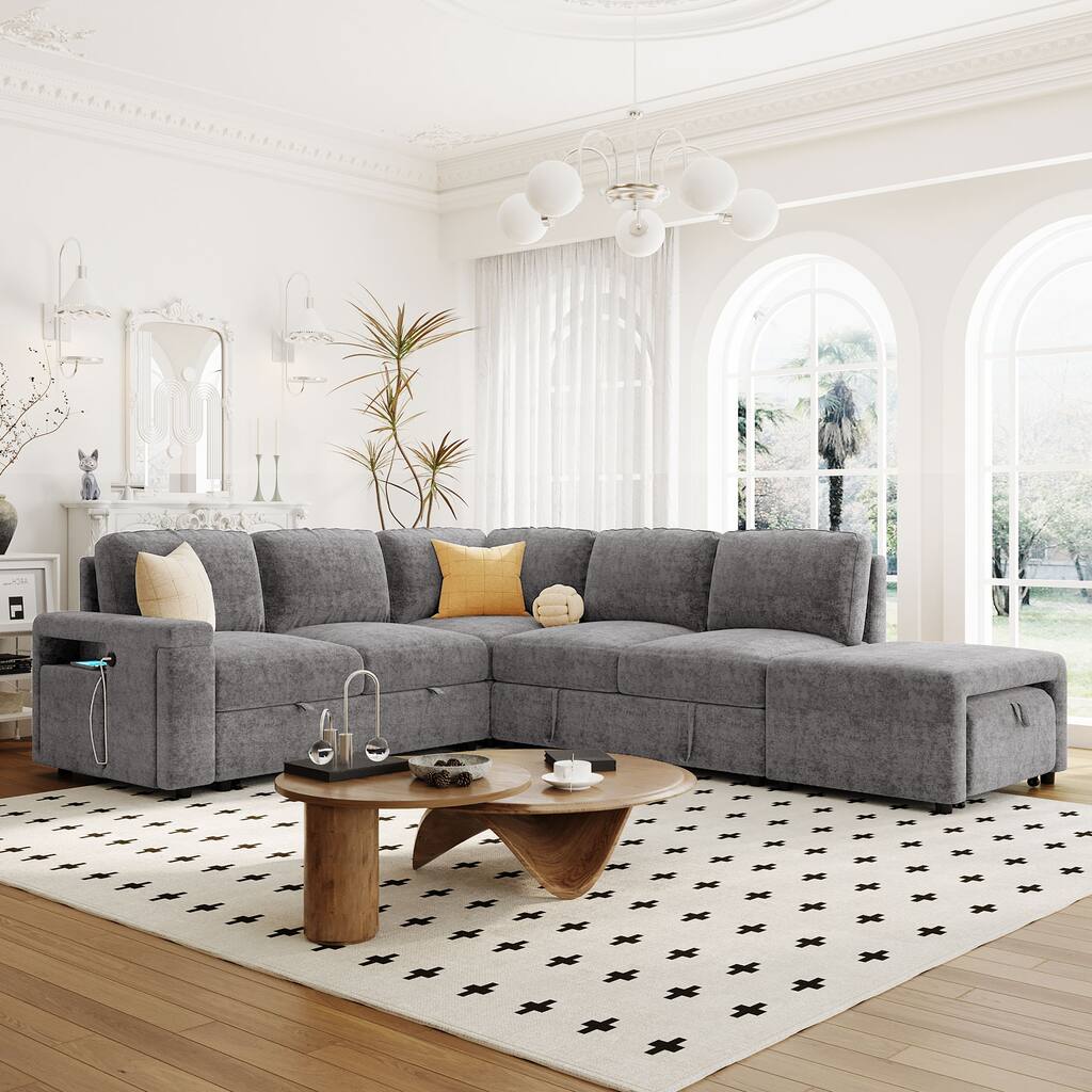Grey 90.6'' L-Shaped 6-Seater Sofa with Built-In Storage, USB Ports, and Cup Holders, Great for Living Room or Office