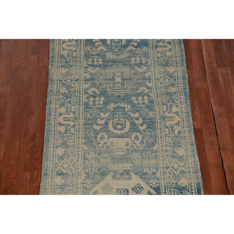 Hand Knotted Oriental 100% Wool Carpet Transitional Geometric Navy Blue & Blues Oushak Runner Rug - 14' 2'' X 3' 1''