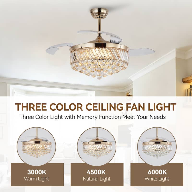 Kviflon 48" Crystal Fandelier Ceiling Fan with Light and Retractable Blades LED Dimmable for Bedroom Living Room - 48 Inches