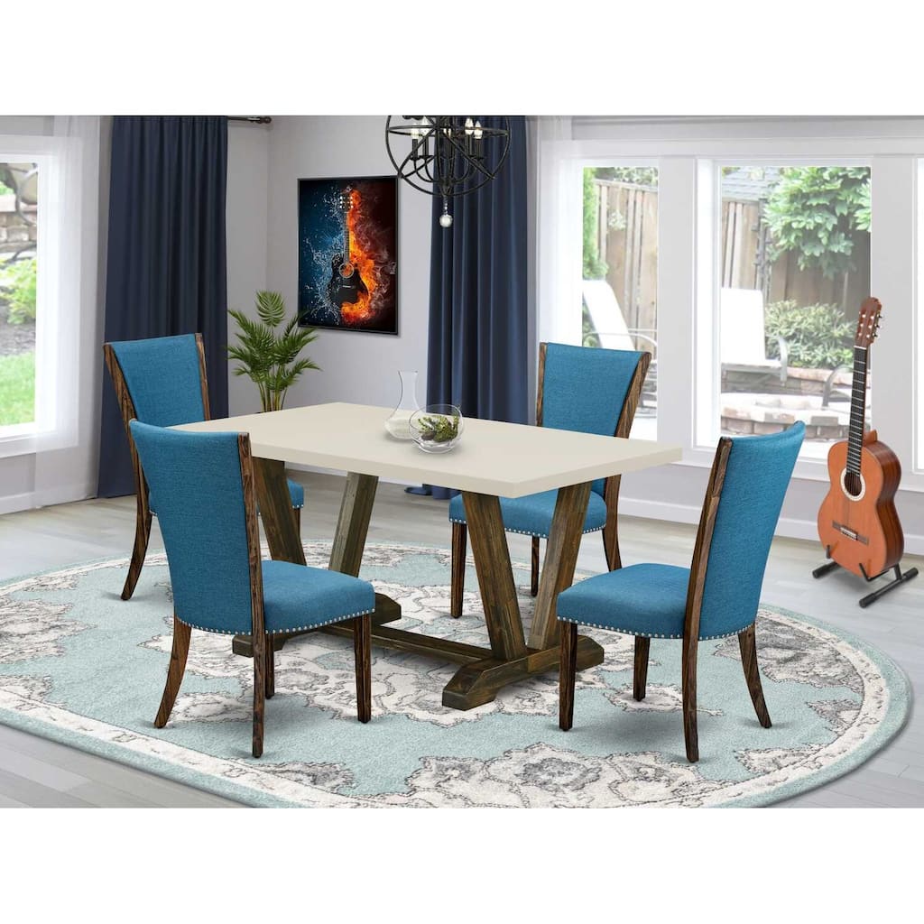 HomeStock 5-Piece Distressed Jacobean Finish Solid Wood Top Dining Table with 4 Parson Chair
